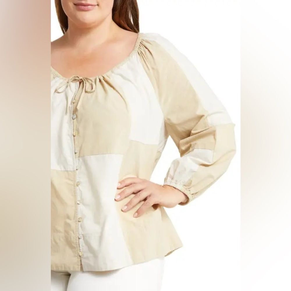 NWT Madewell Patchwork Tie Front Poplin Peasant Top‎ Blouse Plus Size 2X Neutral